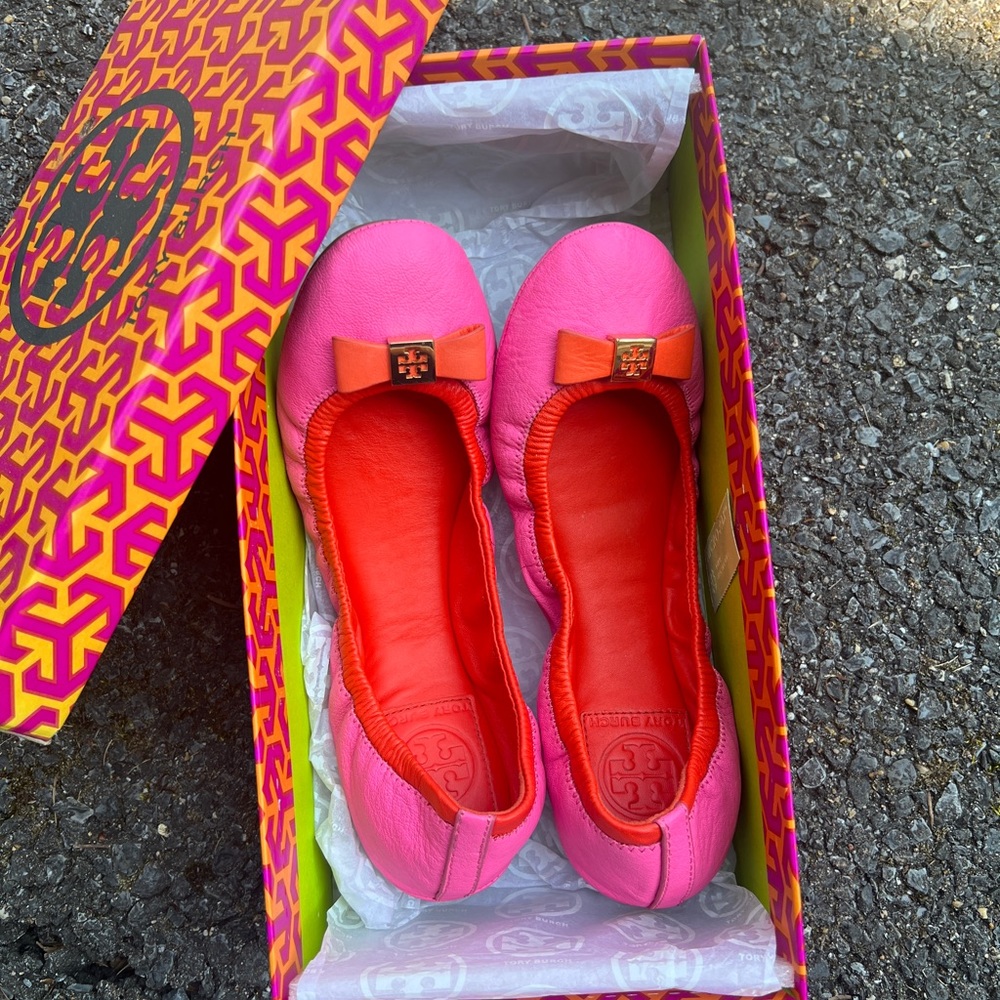 Tory Burch eddie bow women’s pink orange leather ballet flats w/ box size 7